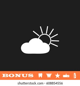 Sun cloud icon flat. White pictogram on black background. Vector illustration symbol and bonus button tooth, vase, star, mirror, bottle