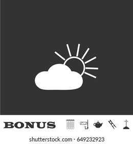 Sun cloud icon flat. White pictogram on black background. Vector illustration symbol and bonus icons