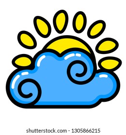 Sonne, Cloud-Symbol. Line Art. Weißer Hintergrund. Symbol für soziale Medien. Geschäftskonzept. Unterschreiben, Symbol, Webelement. Tattoo-Vorlage. Website-Piktogramm.