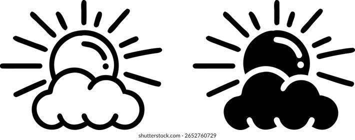 Sun and Cloud Icon Set – Black and White Vector Weather Symbol for Forecast, Sky, and Nature Design