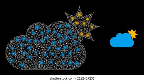 Icono de nube solar y modelo de nube solar de malla brillante con manchas mágicas. El modelo iluminado se genera utilizando el icono del vector de nube solar y la malla triangulada. Nube solar de canal iluminada,