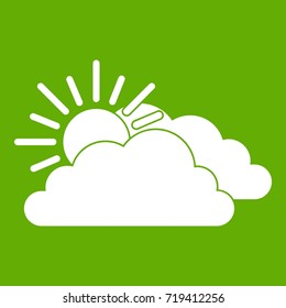 Sun and cloud icon white isolated on green background. Vector illustration
