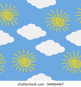Sun and cloud icons on blue sky background. Vector illustration.