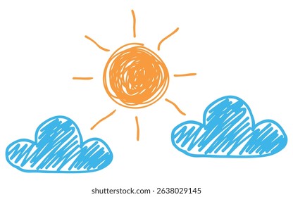 Sun and cloud Illustration made by children. With colorful doodle style.