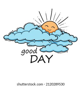 Sun and Cloud kids drawing for nursery in cartoon outline style. Boy blue vector illustration isolated on white