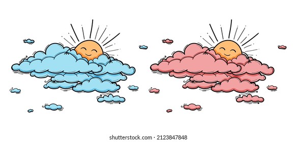 Niños de Sun y Cloud dibujando para guardería en el estilo de contorno de dibujos animados. Ilustración vectorial azul o rosa de niño o niña aislada en blanco