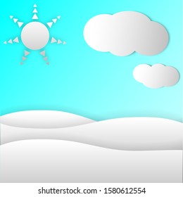 Sun cloud and landscape paper craft cut style. Sky blue gradient color. Vector 