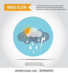Sun with cloud, lighting and rain, weather icon, synoptic, vector.