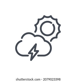 Sun and cloud with lightning line icon. Weather and Climate vector outline sign.