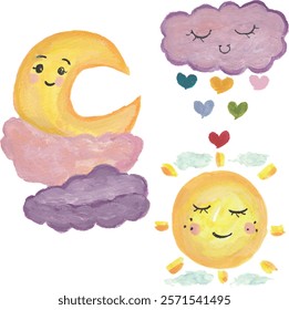 Sun cloud moon rainbow rain watercolor clipart