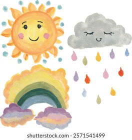 Sun cloud moon rainbow rain watercolor clipart