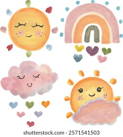 Sun cloud moon rainbow rain watercolor clipart