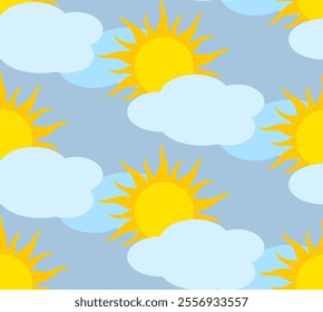 Sun and cloud motifs arranged in a seamless pattern. Simple cartoon-like shapes for a playful aesthetic. For textile applications like curtains, bedding, or clothing, wrapping paper, packaging.