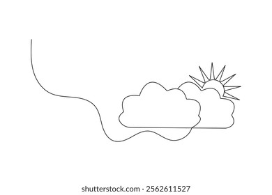 Sun cloud one line drawing of minimalist vector icon with black and white background 