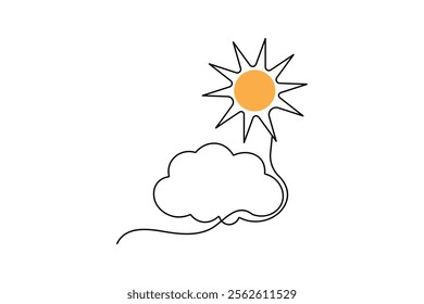 Sun cloud one line drawing of minimalist vector icon with black and white background 