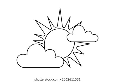 Sun cloud one line drawing of minimalist vector icon with black and white background 