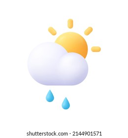 Sun And Cloud With Rain Drops. Weather Concept. 3d Vector Icon. Cartoon Minimal Style.