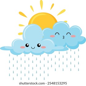 Sun and Cloud with rain emotion vector on white background. cute emotion weather. Sun with cloud in the sky. Cartoon Vector illustration