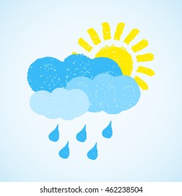 Sun, cloud and rain. Hand painted with oil pastel crayons. Weather forecast, autumn, climate, meteorology concept. Graphic design element for poster, greeting card, scrapbooking, children book