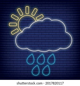 Sun cloud with rain icon glow neon style, concept weather condition outline flat vector illustration, isolated on black. Brick background, web climate label stuff.