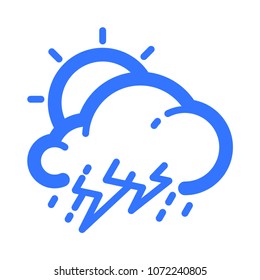 Sun, cloud, rain and lightning line vector icon. Pictogram from set Weather forecast. Blue isolated on white background.