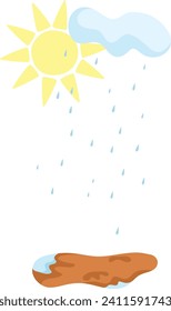 Sun with cloud and rain over a puddle, showing weather concept. Sunshower phenomenon with bright sun and raindrops vector illustration.