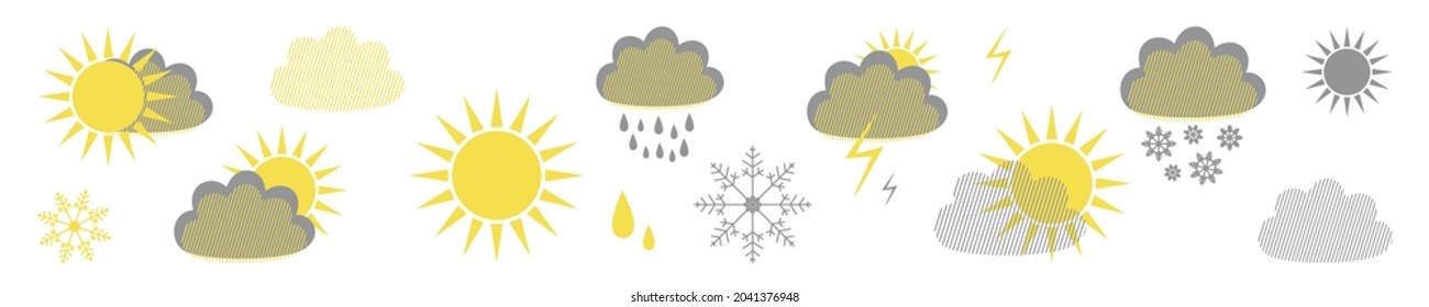 Sol y nube, lluvia y nieve aislados en blanco. Ilustración con un conjunto moderno de condiciones climáticas. Colores de tendencia amarillos y grises en 2021. Vector.