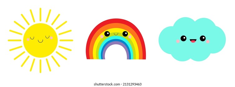 Sun, cloud, rainbow icon set line. Cute cartoon kawaii funny baby character. Smiling face emotion. Baby charcter collection. Flat design. Isolated. White background. Vector illustration