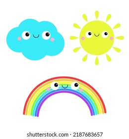 Sun, cloud, rainbow icon set. Cute cartoon kawaii funny baby character. Baby collection. Smiling face emotion. Flat design. Pastel color. Isolated. White background. Vector illustration