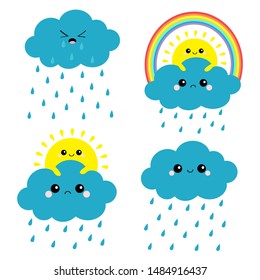 Sun, cloud, rainbow, rain set. Smiling sad face. Rain drop weather. Friends forever. Fluffy clouds. Cute cartoon cloudscape. Cloudy weather sign symbols. Flat design White background Isolated. Vector