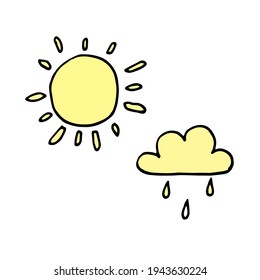 Sonne und Wolke mit Regentropfen im Dodle-Skizzenstil - handgezeichnet Vektorgrafik