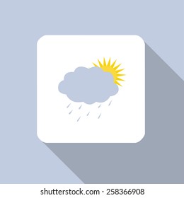 Sun and cloud with raindrops icon flat long shadow