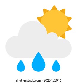 Sun With Cloud And Raindrops, Icon Of Sunny Rainy Day