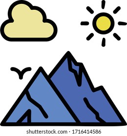 Sun Cloud and Rocky moutain and Bird Concept, Climber Sports Weather Sign Vector Color Line Icon deisgn, Hill Station Scene on white background