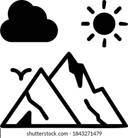 Sun Cloud and Rocky moutain and Bird Concept, Climber Sports Weather Sign Vector Glyph Line Icon deisgn, Hill Station Scene on white background, Landscape Idea