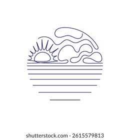 Sun, cloud, sea line symbol. Sunset circle logo. Water travel icon. Cloudy weather, wind in simple style. Outline circle print. Vector outline illustration isolated on transparent backdrop