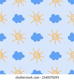 Sun and cloud seamless pattern. Scandinavian style background. Vector illustration for fabric design, gift paper, baby clothes, textiles, cards.