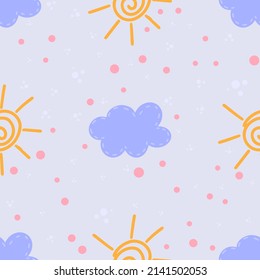 Sun and cloud seamless pattern. Scandinavian style background. Vector illustration for fabric design, gift paper, baby clothes, textiles, cards.