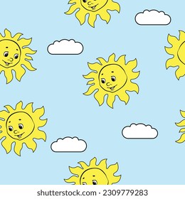 Sun and cloud seamless vector. Blue background. Wallpaper for a children's room or a stamp for clothes.

