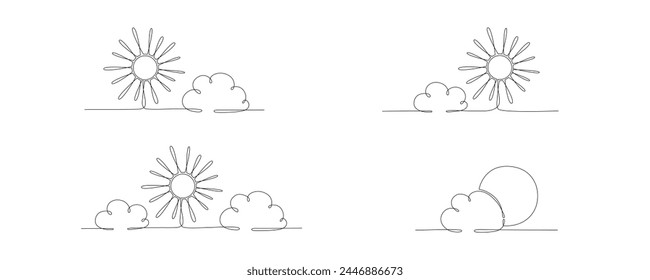 Sun and cloud set - hand drawing one single continuous line banner. Vector stock illustration isolated on white background for design template weather forecast, travel blog. Editable stroke. EPS10