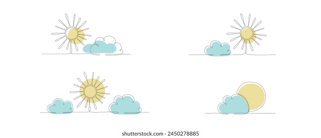 Sol y nubes - dibujando a mano un solo Anuncio de línea continua. Ilustración de stock de Vector aislado sobre fondo blanco para previsión de Clima de Plantilla de diseño, blog de viaje. Trazo editable. EPS10