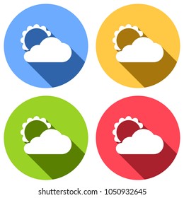 sun and cloud. Set of white icons with long shadow on blue, orange, green and red colored circles. Sticker style