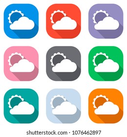 sun and cloud. Set of white icons on colored squares for applica