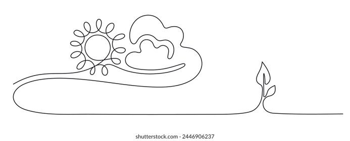 Sun, cloud sign. Single continuous line of sprout. Plant leaves. Seed grow. Eco farm concept Vector illustration. Clean energy. Editable stroke