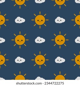 Dibujo de sonrisas de sol y nube tan lindo. Sobre fondo azul. Ilustración vectorial sin fisuras del patrón. 