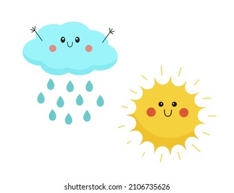 Sol y nube con una sonrisa. Nube con lluvia. Cuta caricatura de la ilustración del tiempo.
