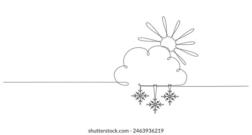 Sol y nube con nieve - dibujando a mano un solo Anuncio de línea continua. Ilustración de stock de Vector aislado sobre fondo blanco para previsión de Clima de Plantilla de diseño, blog de viaje. Trazo editable