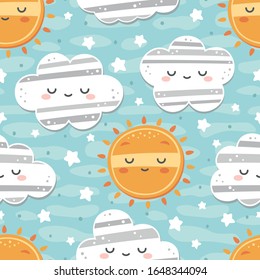Sun Cloud and Stars Cute Seamless Pattern, Cartoon Vector Illustration