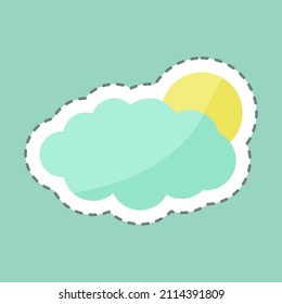 Sun Cloud Sticker in trendy line cut isolated on blue background