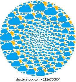 Sun cloud symbols are arranged into bubble collection. Sun cloud icon spheric mosaic. Abstraction spheric cluster mosaic is done from sun cloud symbols.